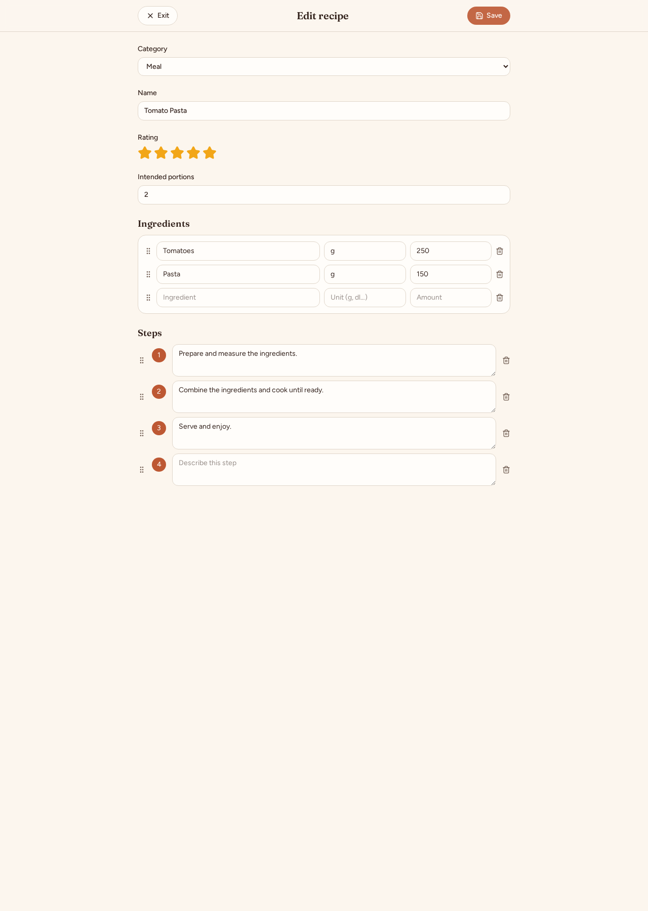 Prefilled recipe editor with category, name, rating, portions, ingredient measurements and reorderable cooking steps.