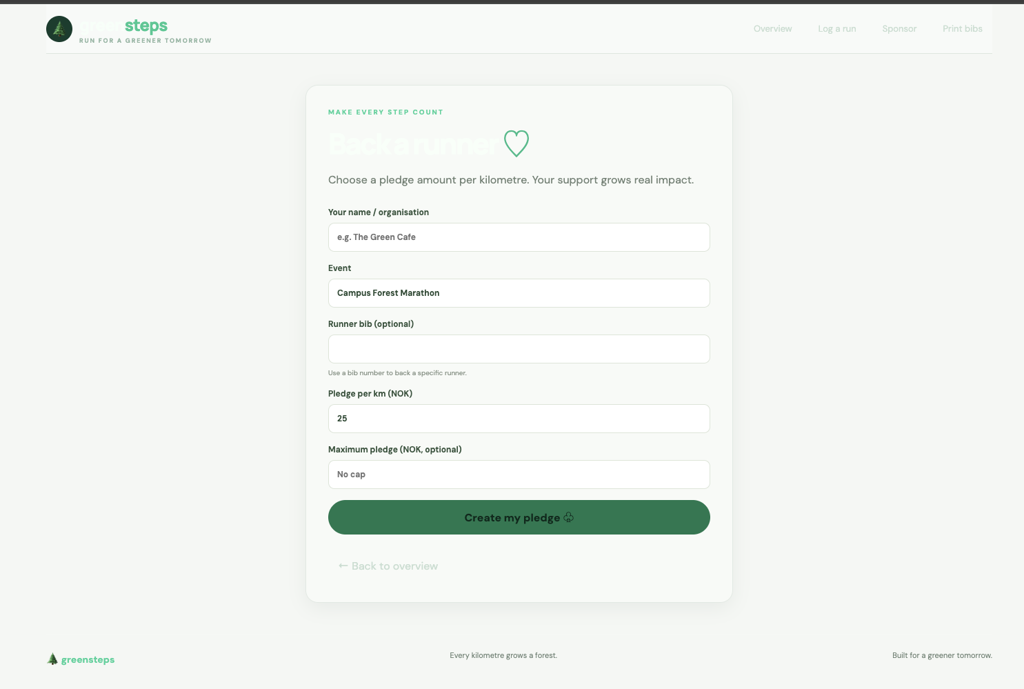 Build the pledge form with an optional runner bib and maximum Fill the empty Event dropdown by loading the events Test that a pledge opens the thank-you page