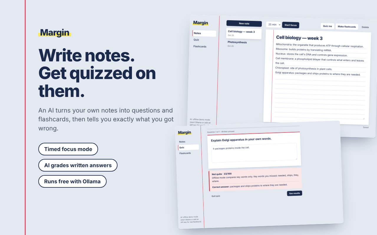 Cover: the title 'Write notes. Get quizzed on them.' beside the notes screen and a graded written answer