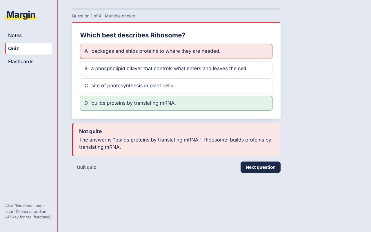 A multiple-choice question about ribosomes, with the wrong pick in red, the right answer in green and an explanation